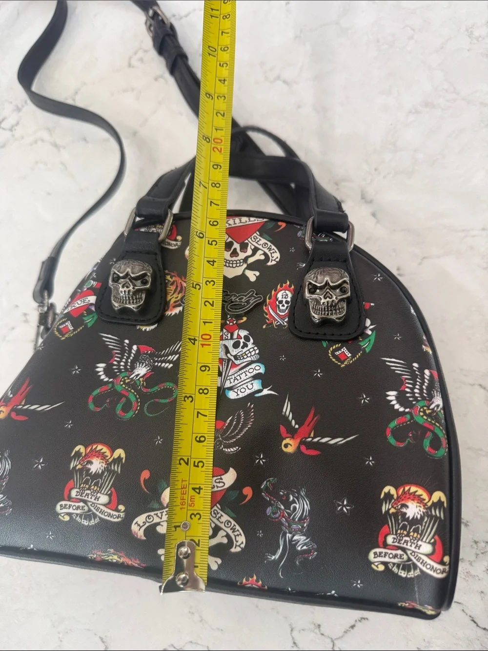 Ed Hardy Y2K Tattoo Flash Dome Satchel Crossbody Bag Black Skull Hardware